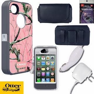 Otterbox Defender Case RealTree Pink Camo Camouflage for iPhone 4s & 4 with Car Charger, Travel Charger and Horizontal Case that fits the phone with the Otterbox on it. Also comes with Anti Radiation Shield.