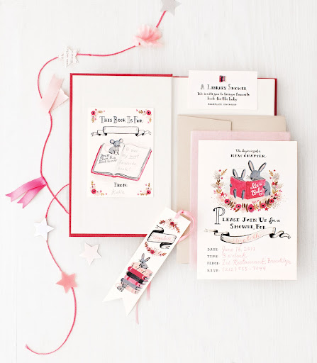 The talented Anna Bond of Rifle Paper Co. designed this invitation. It includes a bookplate so that guests can inscribe their book for the new library. The talented Anna Bond of Rifle Paper Co. designed this invitation. It includes a bookplate so that guests can inscribe their book for the new library.