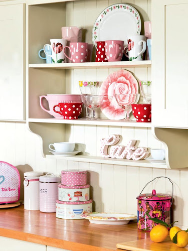 Shabby chic plates bowls on plate shelf