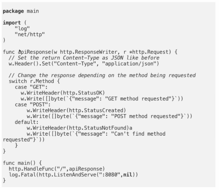 An image showing an example of a small REST API in Go.