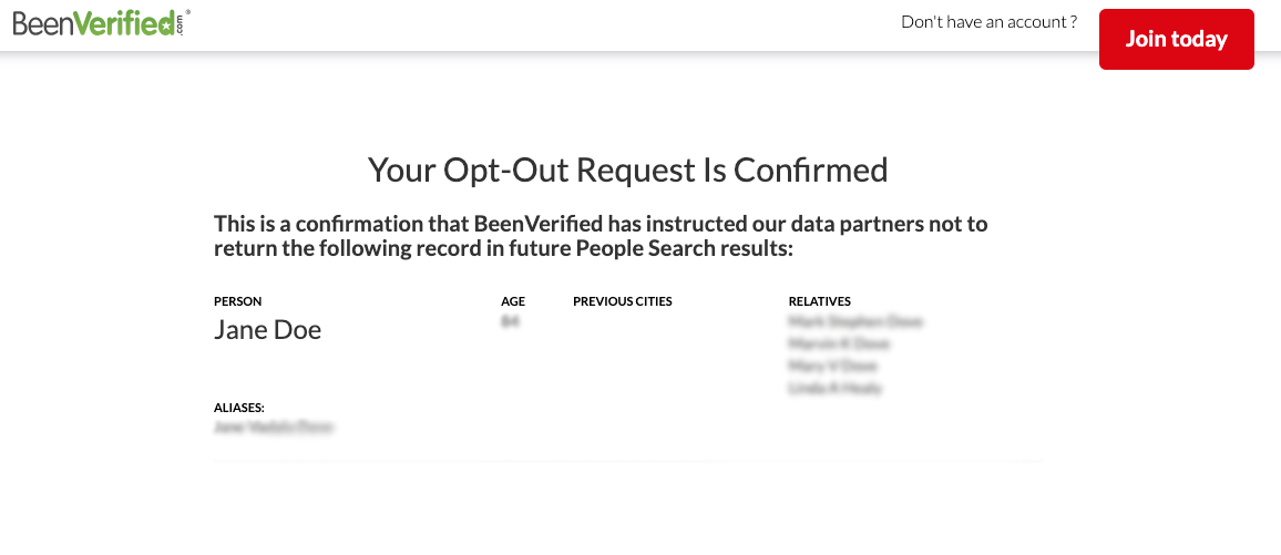 BeenVerified opt out request confirmed