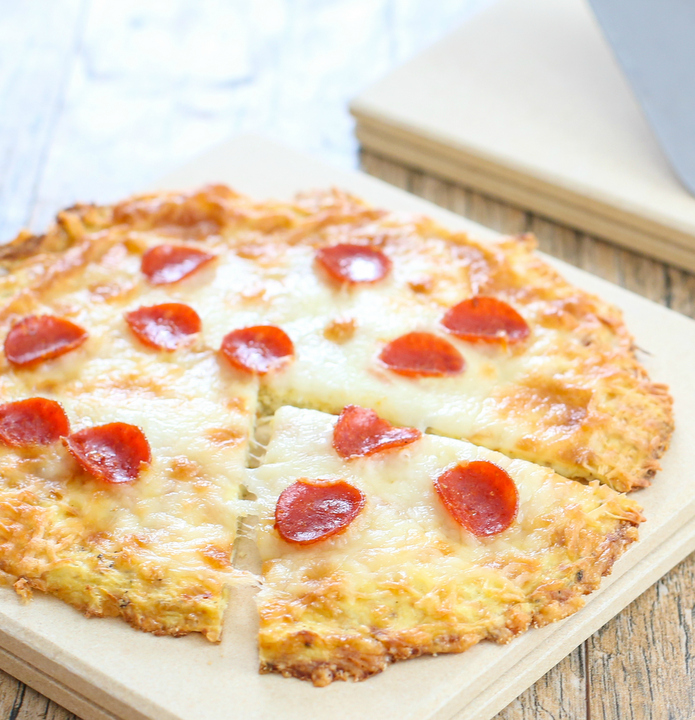photo of a cauliflower pizza crust pizza topped with pepperoni