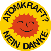 Button: Lachende Sonne »Atomkraft Nein Danke«.