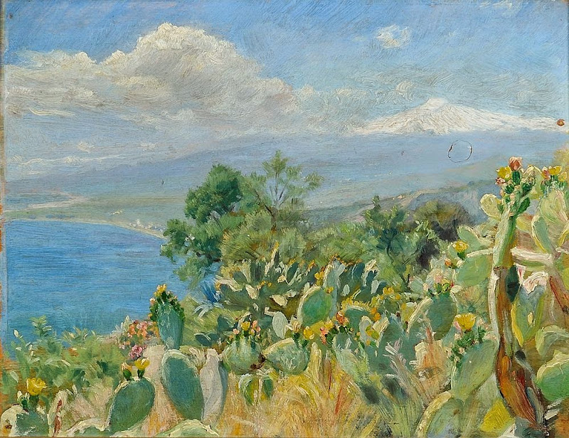 Peder Severin Krøyer - Flourishing cacti near Toarmina. In the background Mount Etna covered in snow