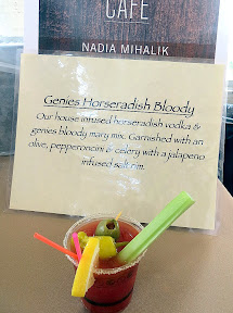 Portland Monthly's Country Brunch 2013, Bloody Mary Smackdown, Genies Cafe Horseradish Bloody courtesy of Nadia Mihalik included their house infused horseradish vodka and Genies bloody mary mix garnished with an olive, pepperoncini and celery, and a jalapeno infused salt rim