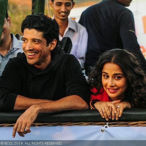 Farhan Akhtar and Vidya Balan during the promotion of their movie Shaadi Ke Side Effects at Film City, in Mumbai, on February 14, 2014.