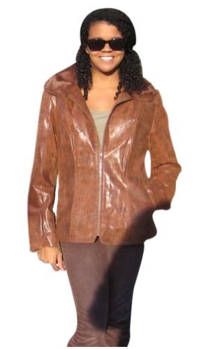 Bergama Rust Printed Lamb Leather Jacket with detachable Rex Rabbit Collar - Medium - Brown