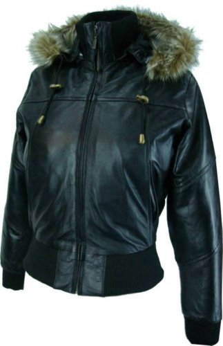Womens Black Hooded leather bomber jacket with fur collar # M1 (16)