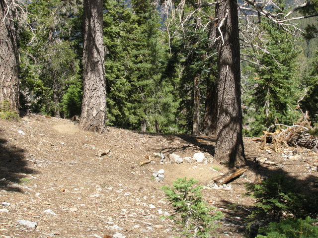 a little flat area surrounded by rocks that would be suitable for a backpacking tent, or at least a cloth