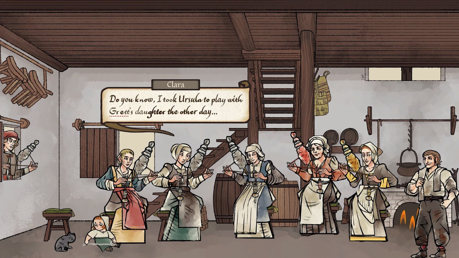 A screenshot of gameplay showing Andreas visiting with five women and a young girl spinning wool in an early modern home, while a village man looks on. The style of the image mimics a woodcut.