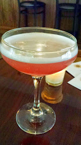 Barlow Artisanal Bar Cocktail of the Clover Club with gin, lemon, creme yvette, maraschino luxardo, raspberry simple, egg white