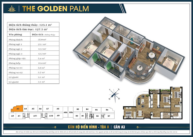 Thiết kế căn A3, 123m2, tòa A - The Golden Palm