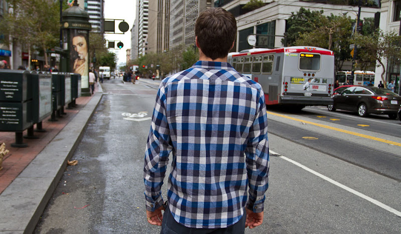 Blue Flannel looking down market street
