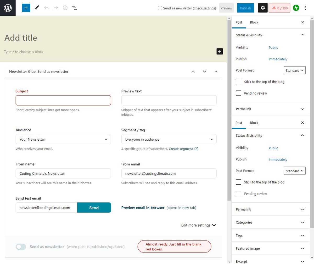 A screenshot of the WordPress post editor with newsletter options shown.