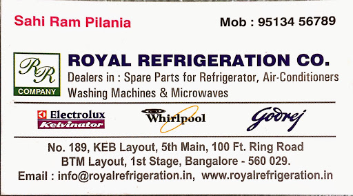 Royal Refrigeration Co, No 189, KEB Layout, Bengaluru, Karnataka 560029, India, Appliance_Parts_Supplier, state KA