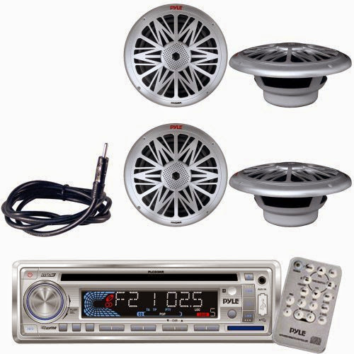  Pyle Marine Radio Receiver, Speaker and Cable Package - PLCD3MR AM/FM-MPX IN -Dash Marine CD/MP3 Player/USB  &  SD Card Function - 2x PLMRS62 2 Pairs of 200 Watt 6.5'' 2 Way White Marine Water Resistant Speakers (silver Color) - PLMRNT1 22