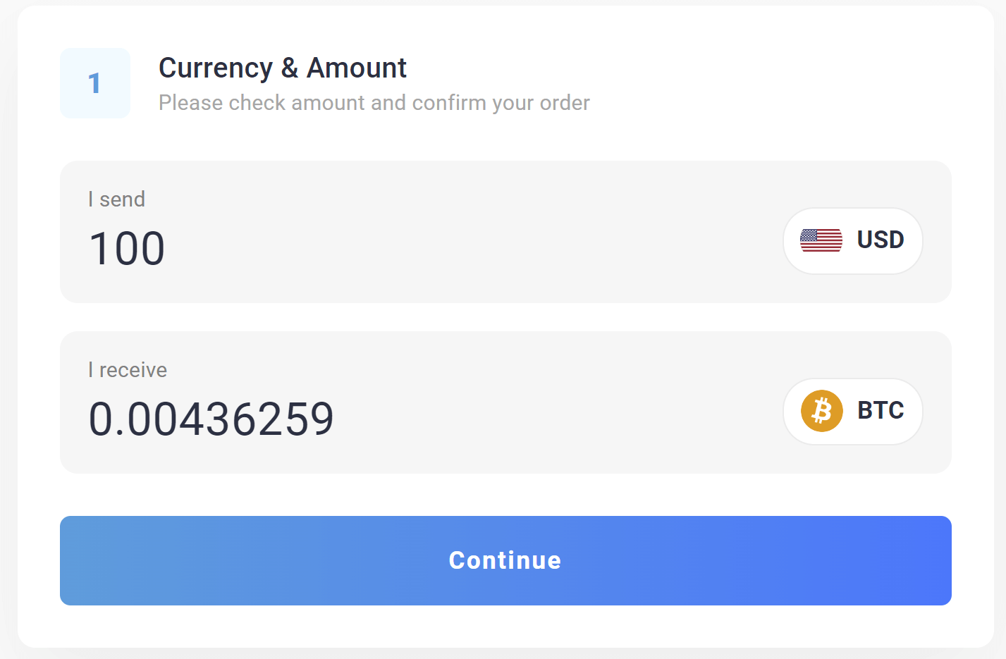 Screenshot of Xcoins currency conversion USD to BTC