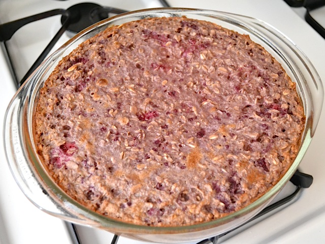 baked lemon raspberry oatmeal in baking dish 