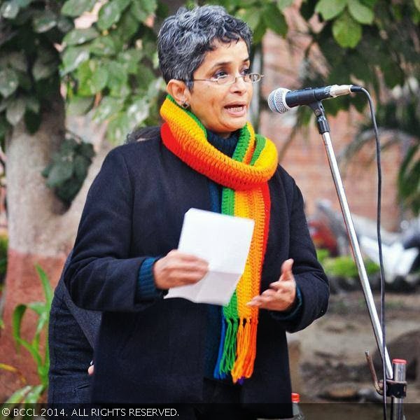 Nivedita Menon at the talks about the LGBT rights and pledged solidarity with the fight against the Supreme Court's Section 377 verdict at the Sabarmati Dhaba in JNU in Delhi.