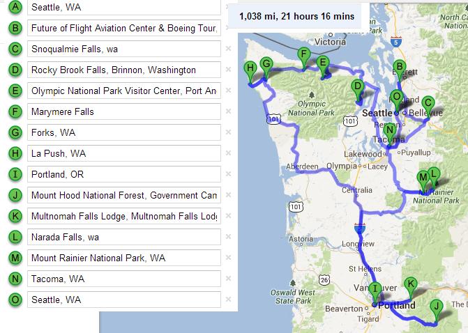 Маршрут путешествия по штатам Вашингтон и Орегон