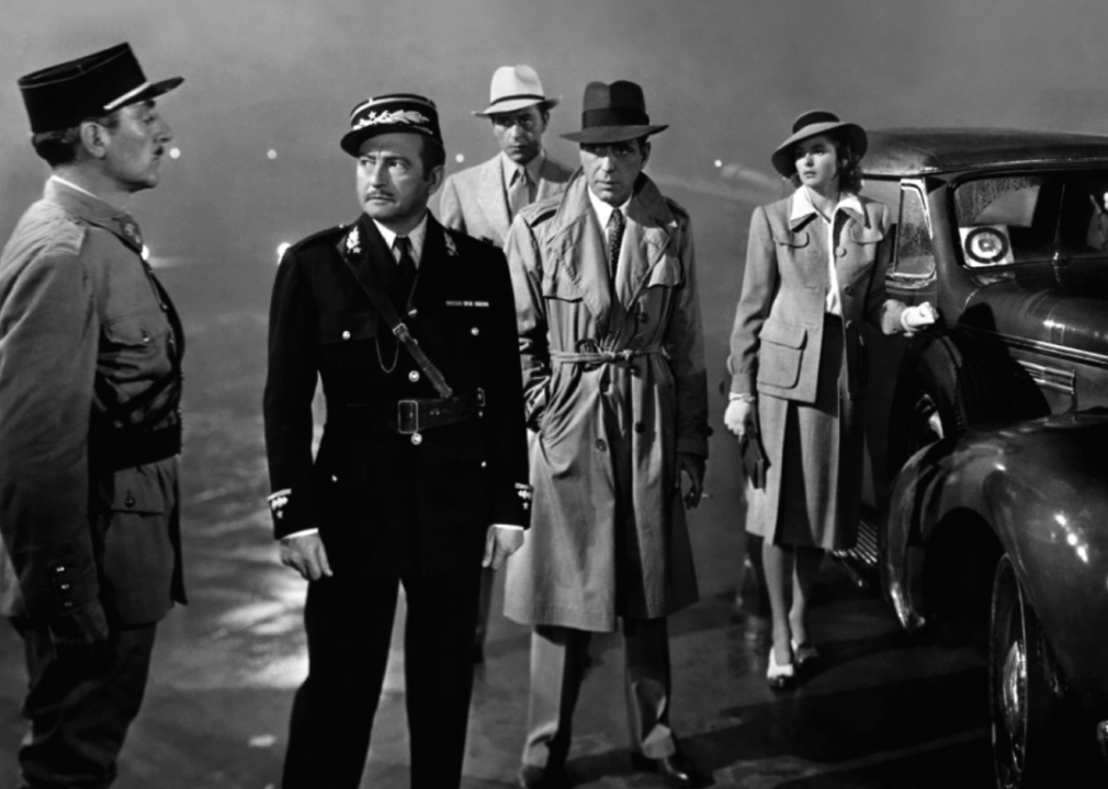 Humphrey Bogart, Paul Henreid, Claude Rains and Ingrid Bergman pose for a publicity still for the Warner Bros film ‘Casablanca'.