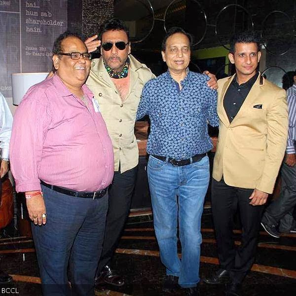 (L-R) Satish Kaushik, Jackie Shroff, Ratan Jain and Sharman Joshi during the first look unveiling of the movie Gang Of Ghosts, held in Mumbai, on February 11, 2014. (Pic: Viral Bhayani)
