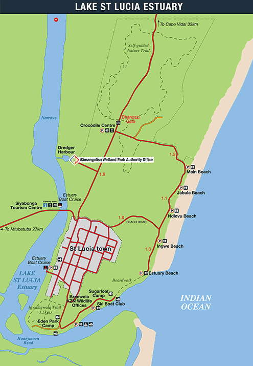 kaart van Lake St. Lucia, iSimangaliso Wetland Park, Zuid Afrika