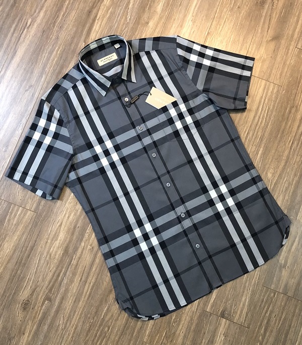 Áo sơ mi BBR nam ghi sáng, check cân nhỏ, ngắn tay Burberry Check Stretch Cotton Shirt In Charcoal