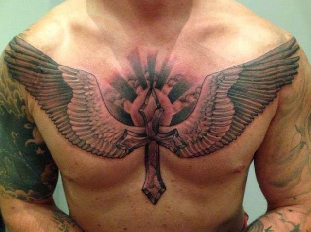 religious cross with wings chest tattoos for men