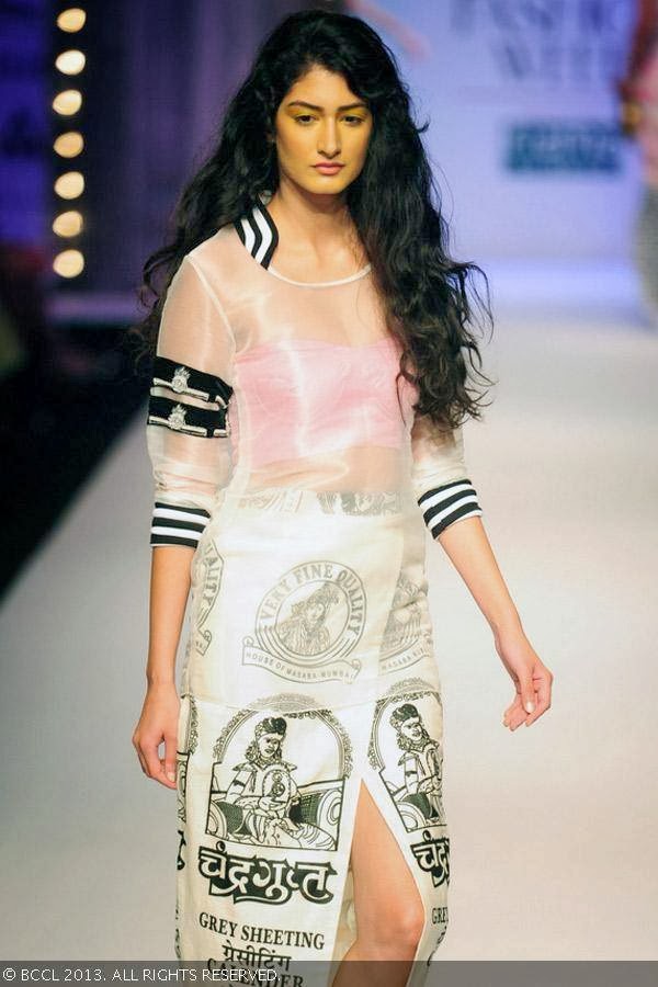 Shreiyah Sabharwal flaunts a creation by fashion designer Masaba on Day 1 of Wills Lifestyle India Fashion Week (WIFW) Spring/Summer 2014, held in Delhi.