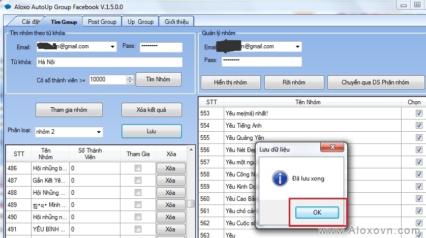 Lưu nhóm vào hệ thống thành công Lưu nhóm vào hệ thống thành công