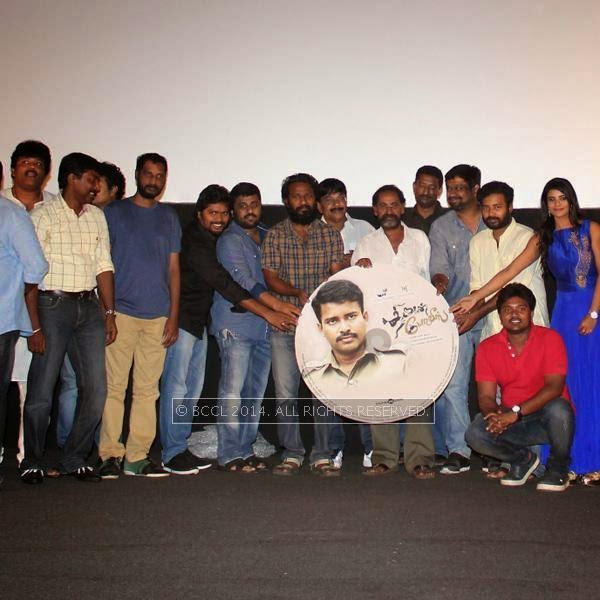 The cast and crew during the audio launch of Thirudan Police, in Chennai.