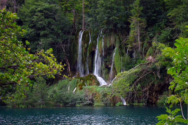 waterfall across the lake