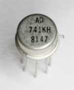 The 741 op amp, packaged in a TO-99 metal can.