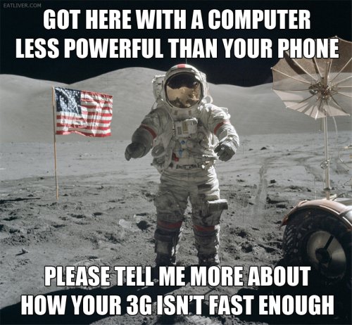 photo of an astronaut on the moon saying his computer had less power than your phone