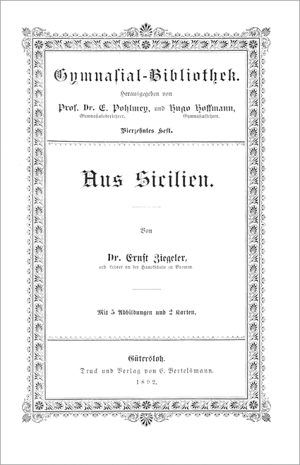 Buchdeckel des historischen Reiseberichts 'Aus Sizilien' von Ernst Ziegeler.