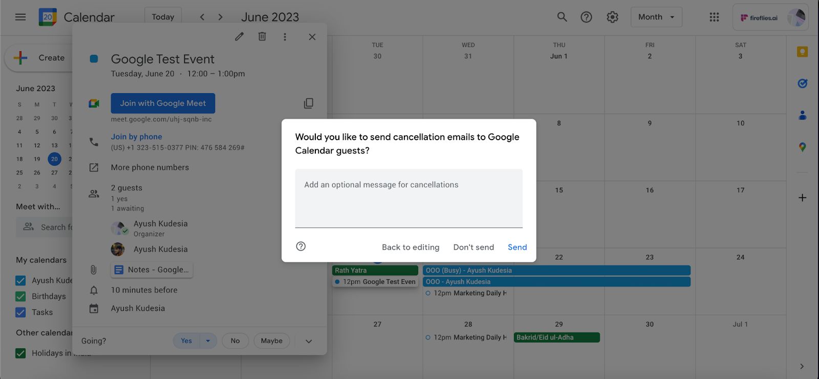 How to cancel Google Calendar event - Send cancelation email