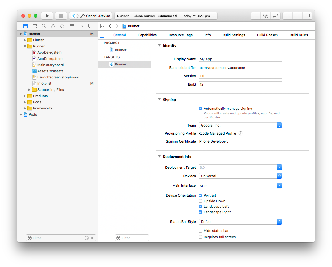 Ustawienia projektu Xcode