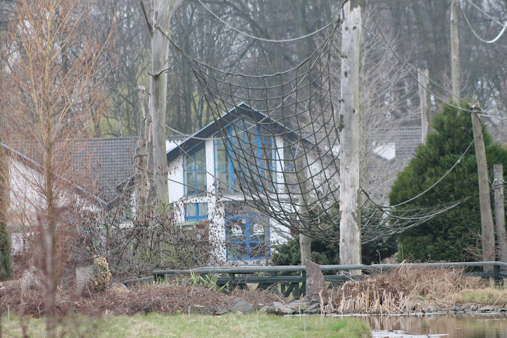 Widok na pawilon wejściowy od strony wybieg goryli, na pierwszym planie - wyspa gibbonów