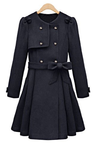 Blooms - Fashion European American Winter Double-Breasted Models Long Woolen Jacket Skirt Coat DDS8118 (X-Large, Navy)