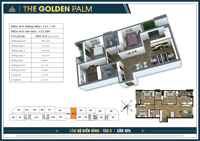 Thiết kế căn B2b, 121m2, tòa B - The Golden Palm