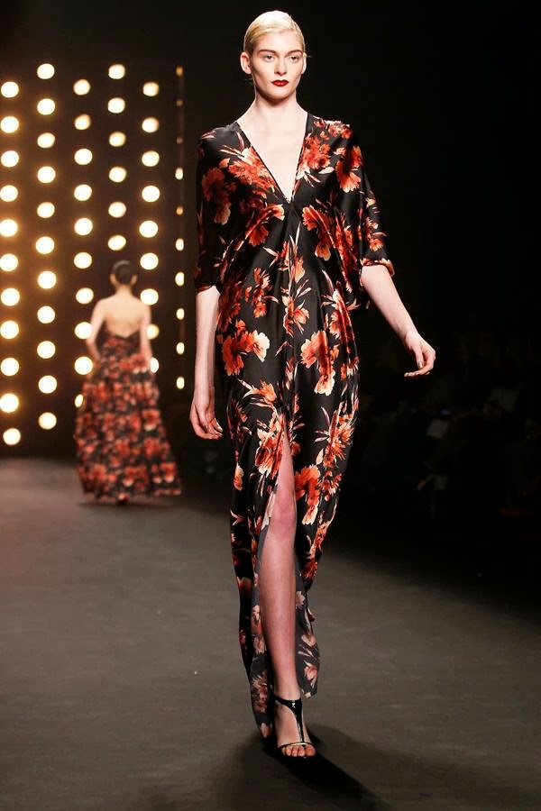 A model presents a creation by Naeem Khan Fall 2014 collection during New York Fashion Week February 11, 2014.