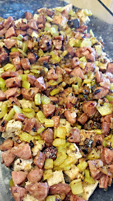 Breakfast Casserole Recipe - cooked celery, onion, and the diced Aidell's chicken bacon pineapple sausage