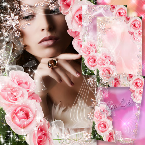 Праздничная цветочная рамка для фото - Розовые розы, нежная красота