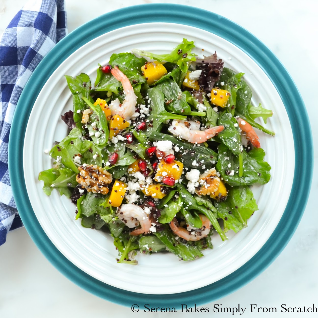 Quinoa Shrimp Pomegranate Spinach Salad with White Balsamic Vinaigrette
