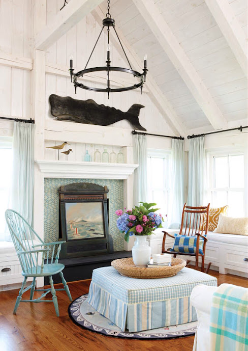 Nantucket dream home living room fireplace whale 