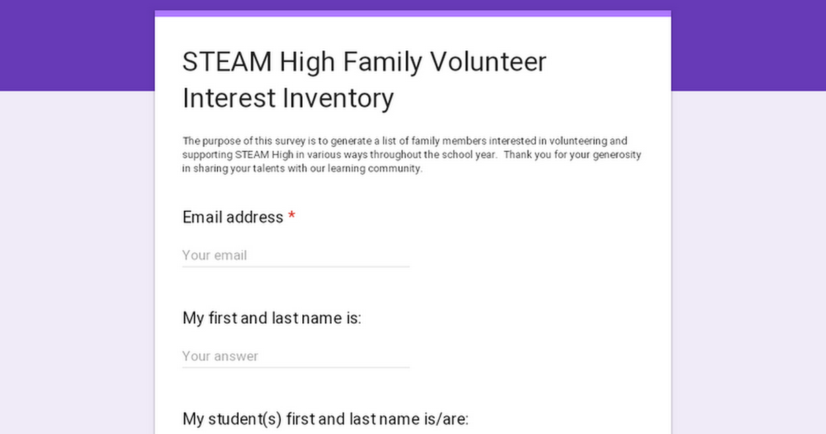 STEAM High Family Volunteer Interest Inventory