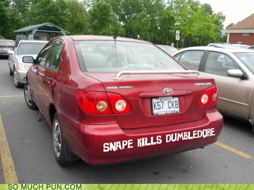 photo of a car with Snape kills Dumbledore on bumper...this car has a spoiler