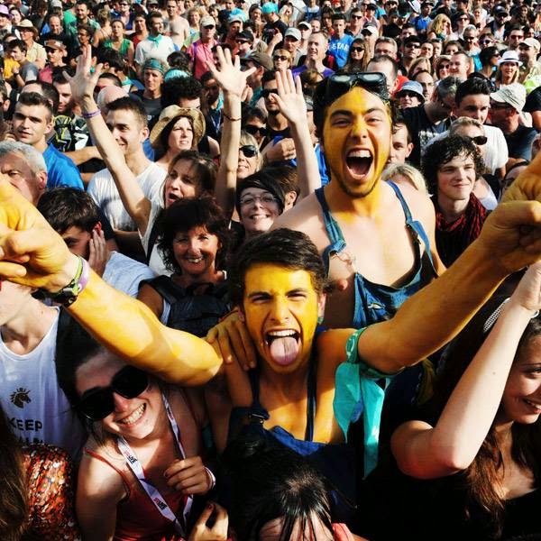 Festival-goers react during a concert of the band Detroit on July 19, 2014, during the 23rd edition of the Festival des Vieilles Charrues in Carhaix-Plouguer, western France.