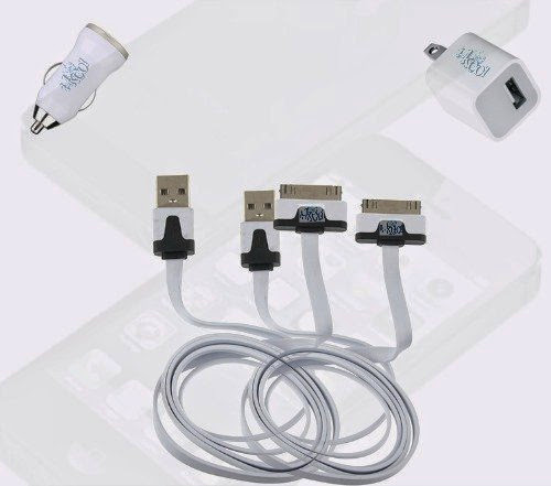  I-kool Flat Cable Iphone 4 Charger includes 2 Data Cable + Wall Plug + Car Charger Charges 3s, &  Iphone 4, 4s, Ipad 1  &  2 (White)